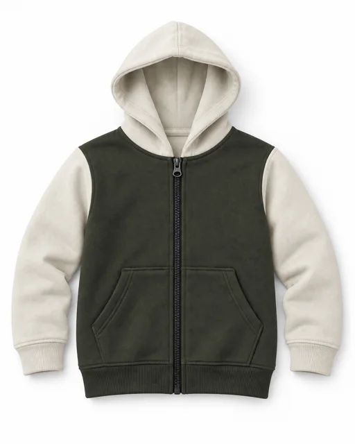 Military Green / Cream Kids two-colour full-zip hoodie
