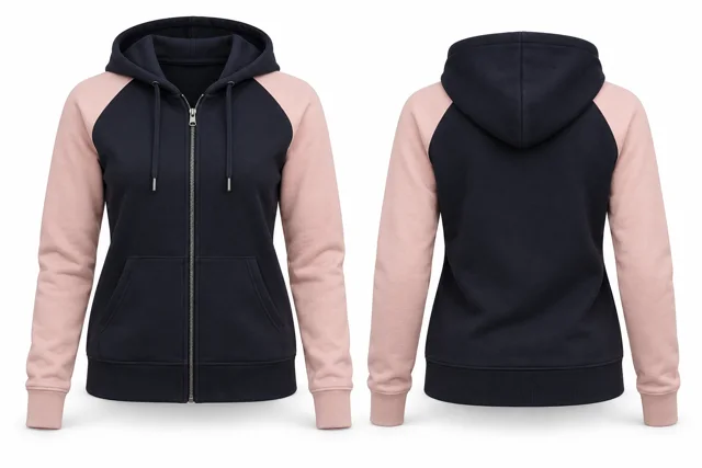 Women contrast sleeves full-zip hoodie — Deep Navy / Blush