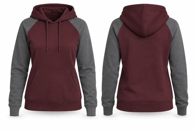 Women contrast sleeves pullover hoodie — Burgundy / Dark Heather Grey