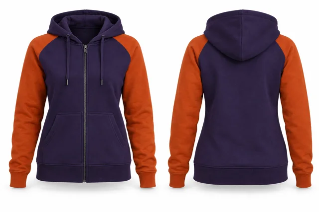 Women contrast sleeves full-zip hoodie — Purple / Orange