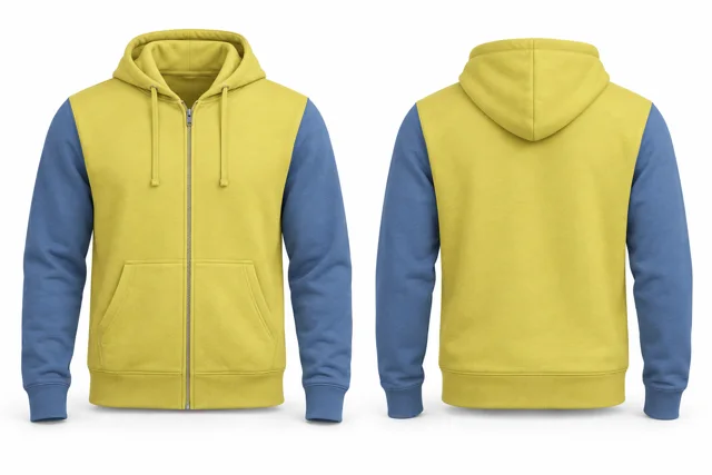 Men contrast sleeves full-zip hoodie — Lemon / Light Blue