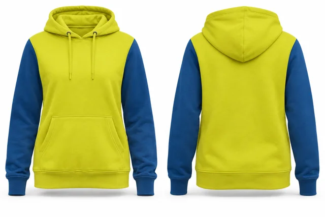 Women contrast sleeves pullover hoodie — Fluorescent Yellow / Sapphire