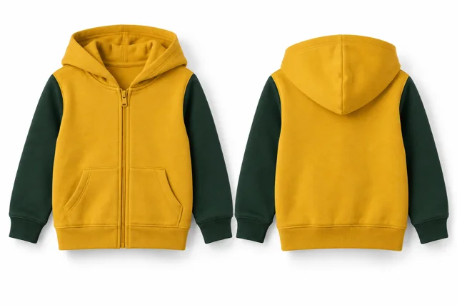 Kids contrast sleeves full-zip hoodie — Golden Yellow / Dark Green