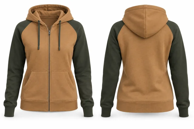 Women contrast sleeves full-zip hoodie — Camel / Military Green