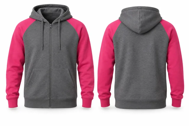 Men contrast sleeves full-zip hoodie — Dark Heather Grey / Fuchsia