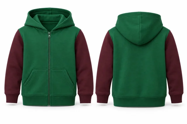 Kids contrast sleeves full-zip hoodie — Emirates Green / Burgundy