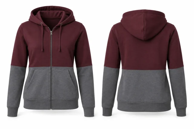 Women horizontal colour blocks full-zip hoodie — Burgundy / Dark Heather Grey
