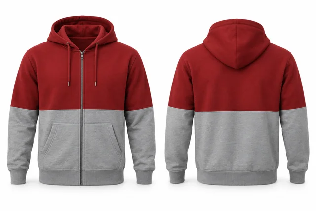 Men horizontal colour blocks full-zip hoodie — Red / Sport Grey