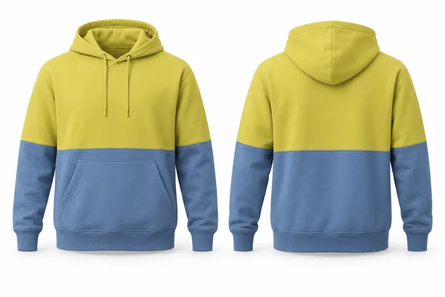 Men horizontal colour blocks pullover hoodie — Lemon / Light Blue