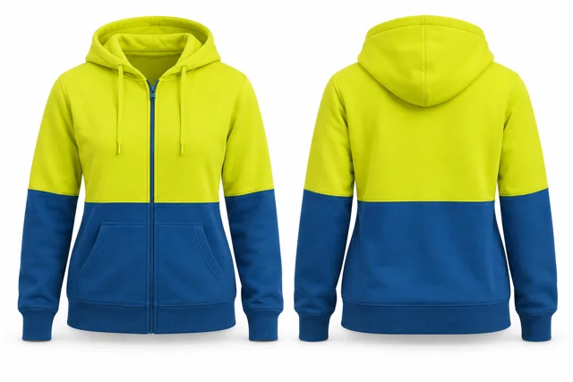Women horizontal colour blocks full-zip hoodie — Fluorescent Yellow / Sapphire
