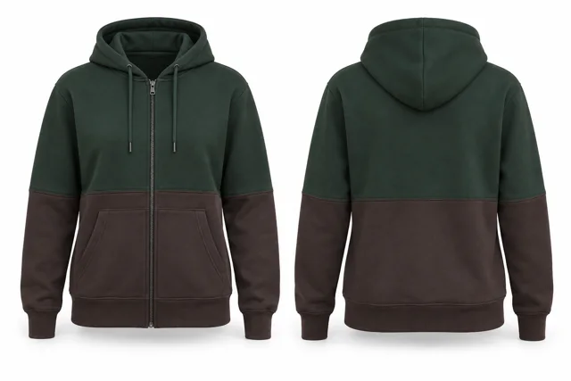 Women horizontal colour blocks full-zip hoodie — Dark Green / Chocolate