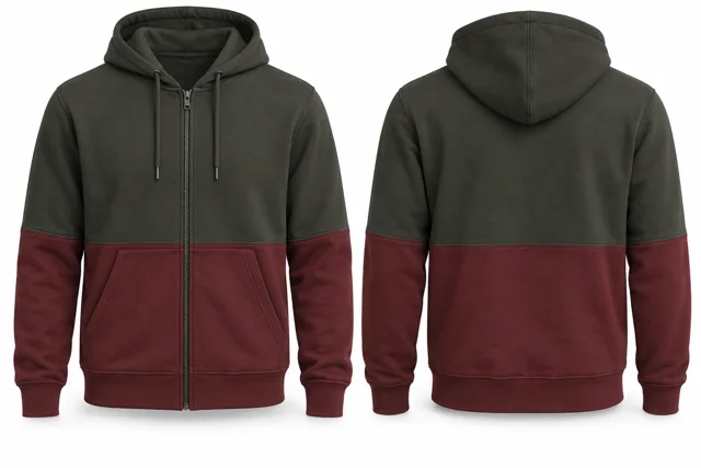 Men horizontal colour blocks full-zip hoodie — Military Green / Maroon