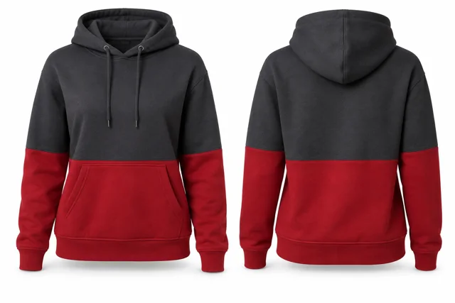 Women horizontal colour blocks pullover hoodie — Charcoal / Red
