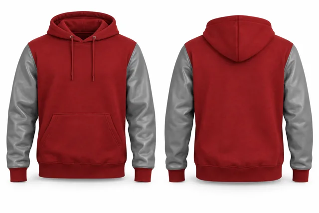 Men leather-look sleeves pullover hoodie — Red / Sport Grey