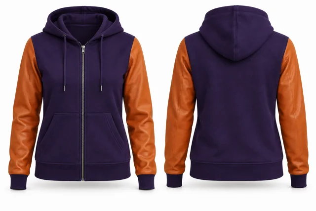 Women leather-look sleeves full-zip hoodie — Purple / Orange