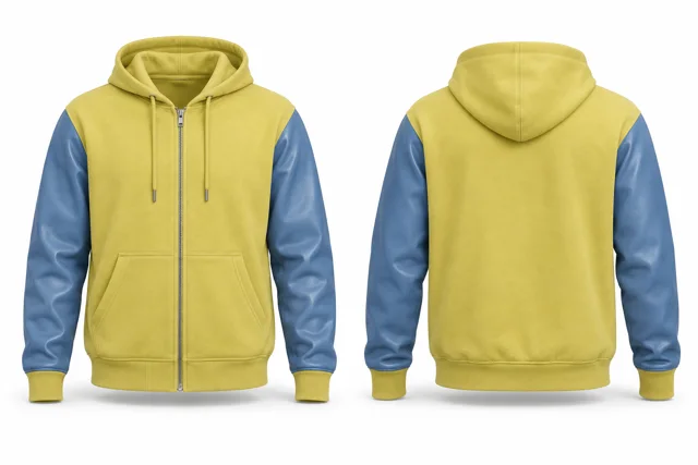 Men leather-look sleeves full-zip hoodie — Lemon / Light Blue
