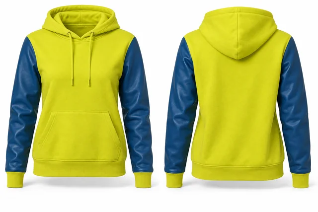 Women leather-look sleeves pullover hoodie — Fluorescent Yellow / Sapphire