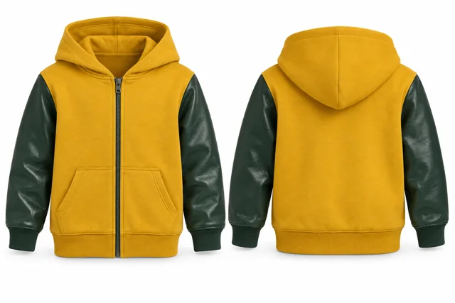 Kids leather-look sleeves full-zip hoodie — Golden Yellow / Dark Green