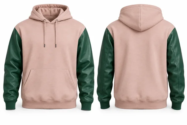 Men leather-look sleeves pullover hoodie — Blush / Emirates Green