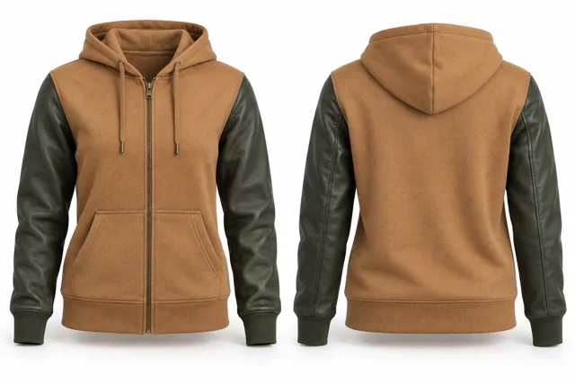 Women leather-look sleeves full-zip hoodie — Camel / Military Green