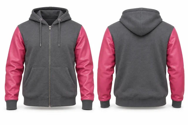 Men leather-look sleeves full-zip hoodie — Dark Heather Grey / Fuchsia