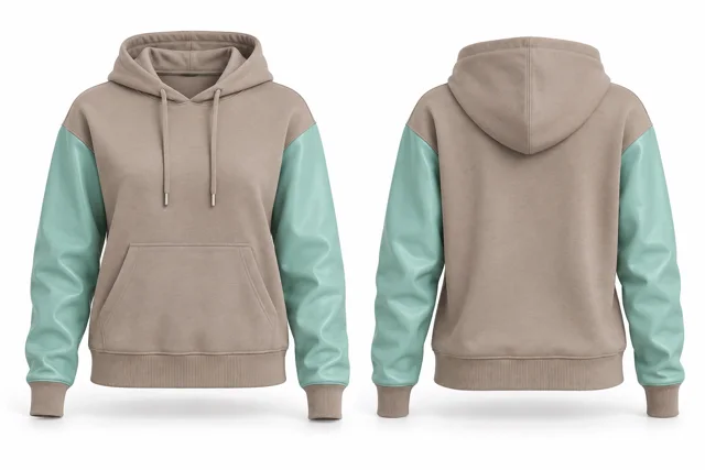 Women leather-look sleeves pullover hoodie — Stone / Mint