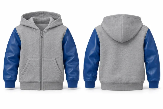 Kids leather-look sleeves full-zip hoodie — Sport Grey / Royal Blue
