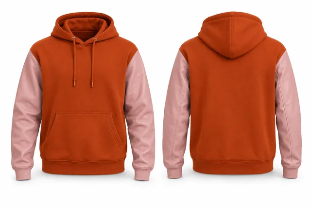 Men leather-look sleeves pullover hoodie — Orange / Pink