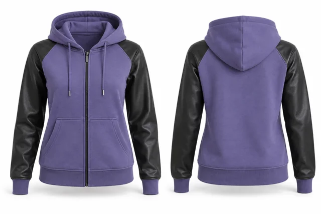 Women leather-look sleeves full-zip hoodie — Lavender / Black