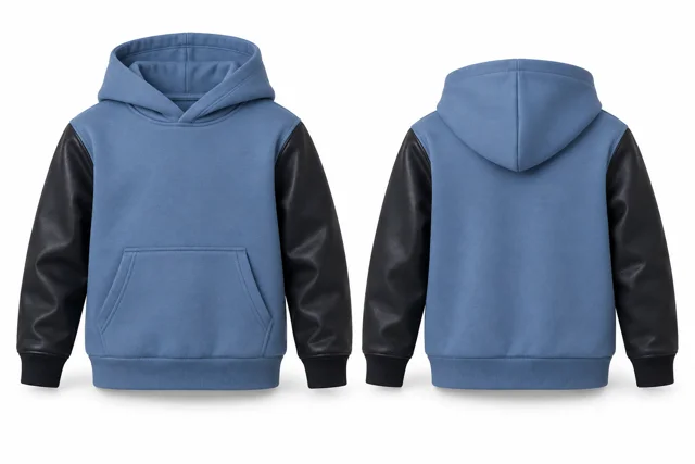 Kids leather-look sleeves pullover hoodie — Light Blue / Deep Navy