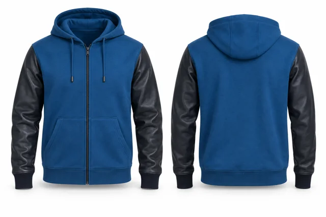 Men leather-look sleeves full-zip hoodie — Sapphire / Navy