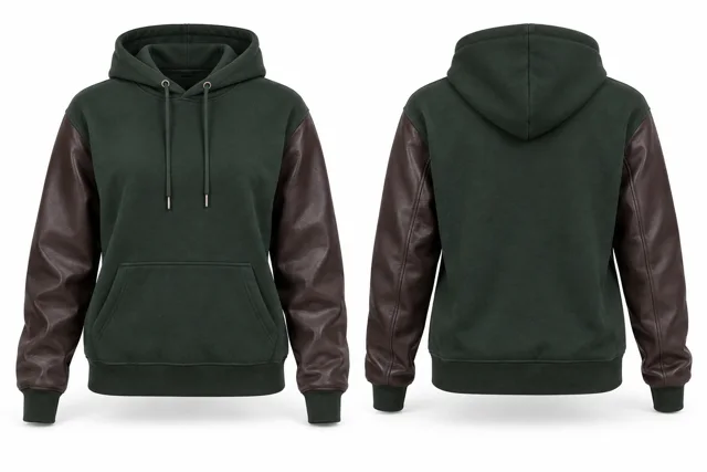 Women leather-look sleeves pullover hoodie — Dark Green / Chocolate