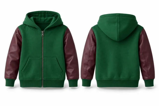 Kids leather-look sleeves full-zip hoodie — Emirates Green / Burgundy