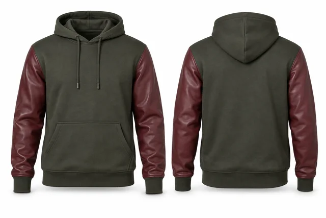 Men leather-look sleeves pullover hoodie — Military Green / Maroon