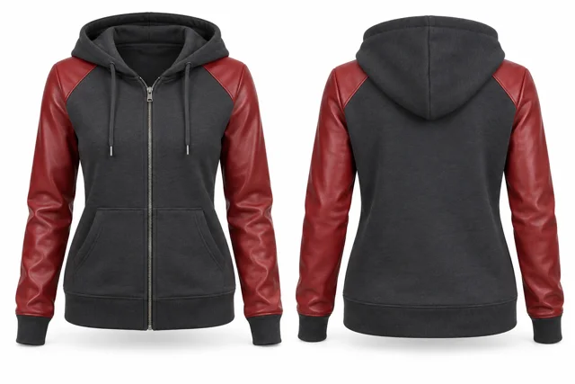 Women leather-look sleeves full-zip hoodie — Charcoal / Red