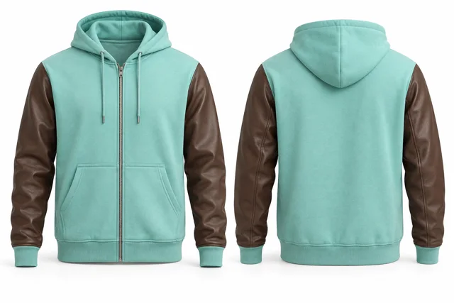 Men leather-look sleeves full-zip hoodie — Mint / Brown