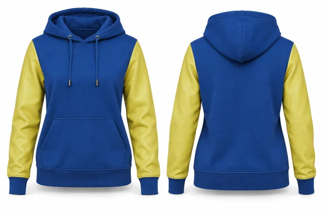 Women leather-look sleeves pullover hoodie — Royal Blue / Lemon