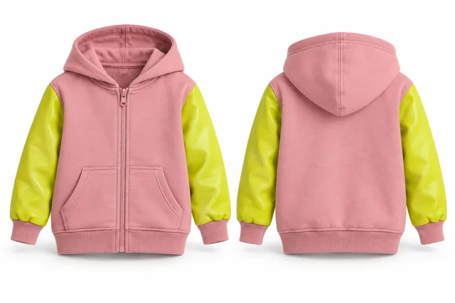 Kids leather-look sleeves full-zip hoodie — Pink / Fluorescent Yellow