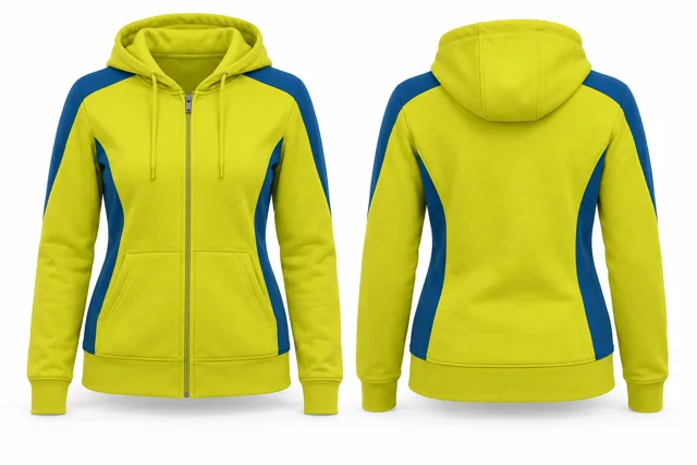 Women panelled full-zip hoodie — Fluorescent Yellow / Sapphire