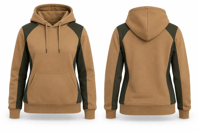 Women panelled pullover hoodie — Camel / Military Green