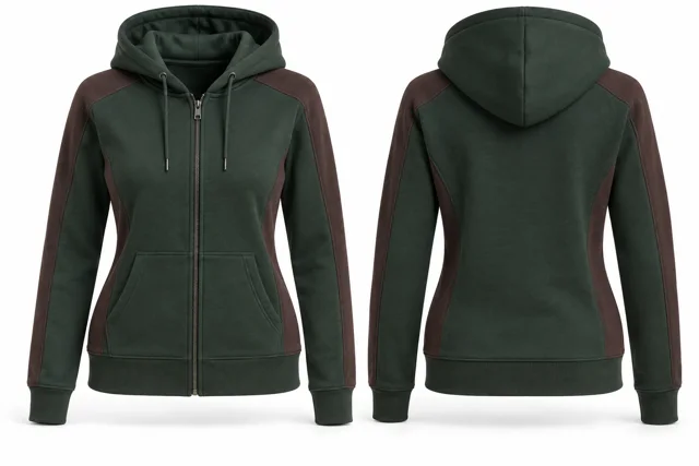 Women panelled full-zip hoodie — Dark Green / Chocolate