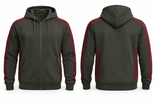 Men panelled full-zip hoodie — Military Green / Maroon