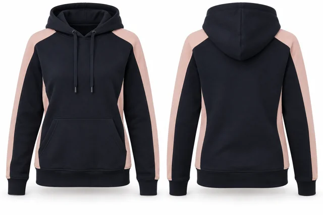 Women panelled pullover hoodie — Deep Navy / Blush