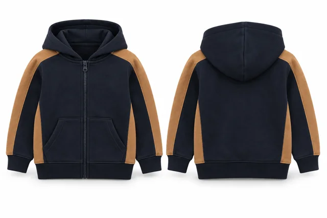 Kids panelled full-zip hoodie — Navy / Camel