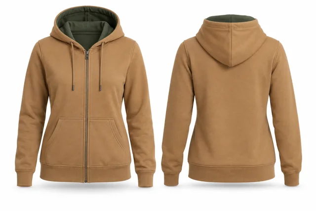 Women contrast hood lining full-zip hoodie — Camel / Military Green