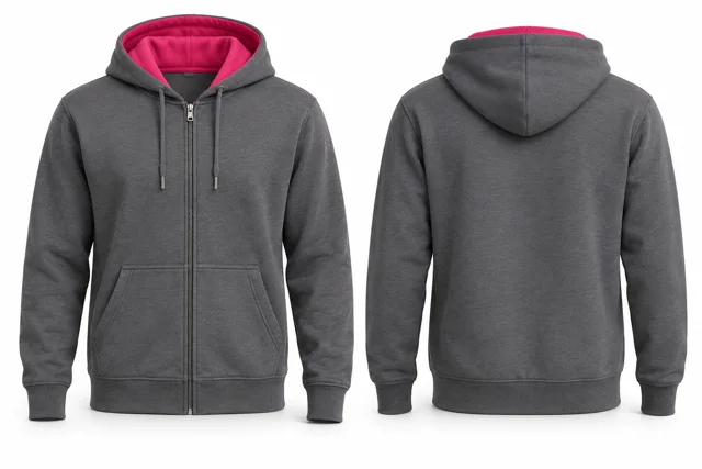 Men contrast hood lining full-zip hoodie — Dark Heather Grey / Fuchsia