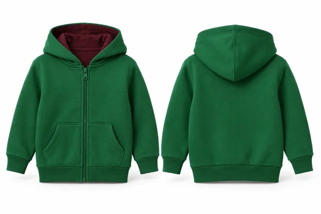 Kids contrast hood lining full-zip hoodie — Emirates Green / Burgundy
