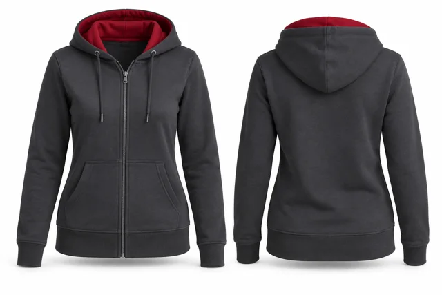 Women contrast hood lining full-zip hoodie — Charcoal / Red