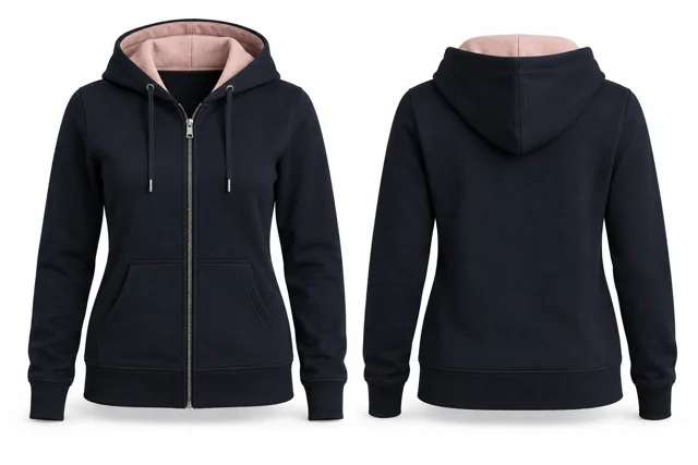 Women contrast hood lining full-zip hoodie — Deep Navy / Blush