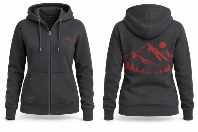 Women printed full-zip hoodie — Charcoal / Red